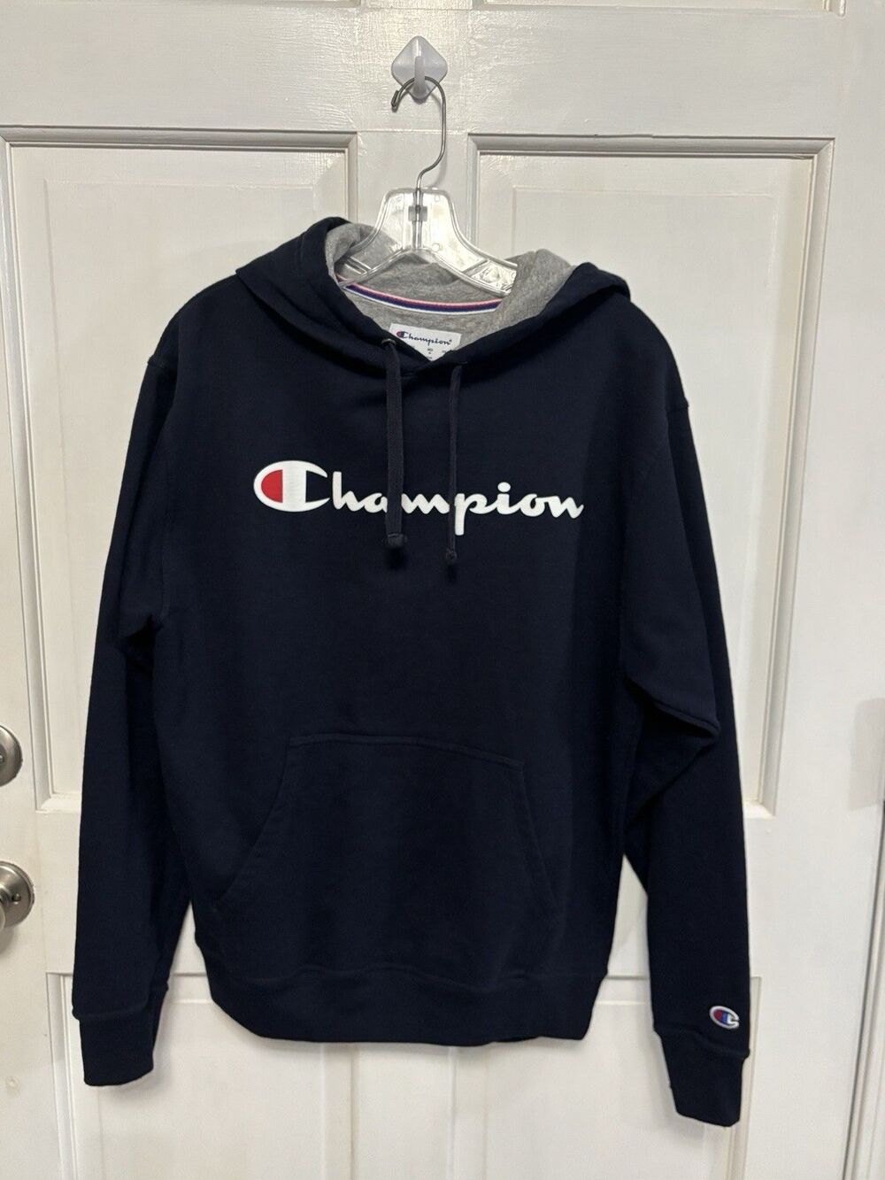Men’s Navy Blue Gray Champion Hoodie Size M Athleisure Casual Weekend Sweatshirt